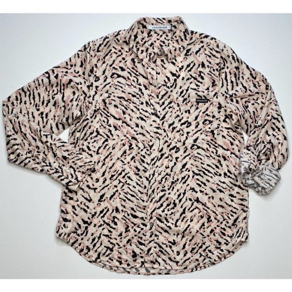 Calvin Klein Button Down Shirt Top XSl Women's Tiger Animal‎ Print Tenc…